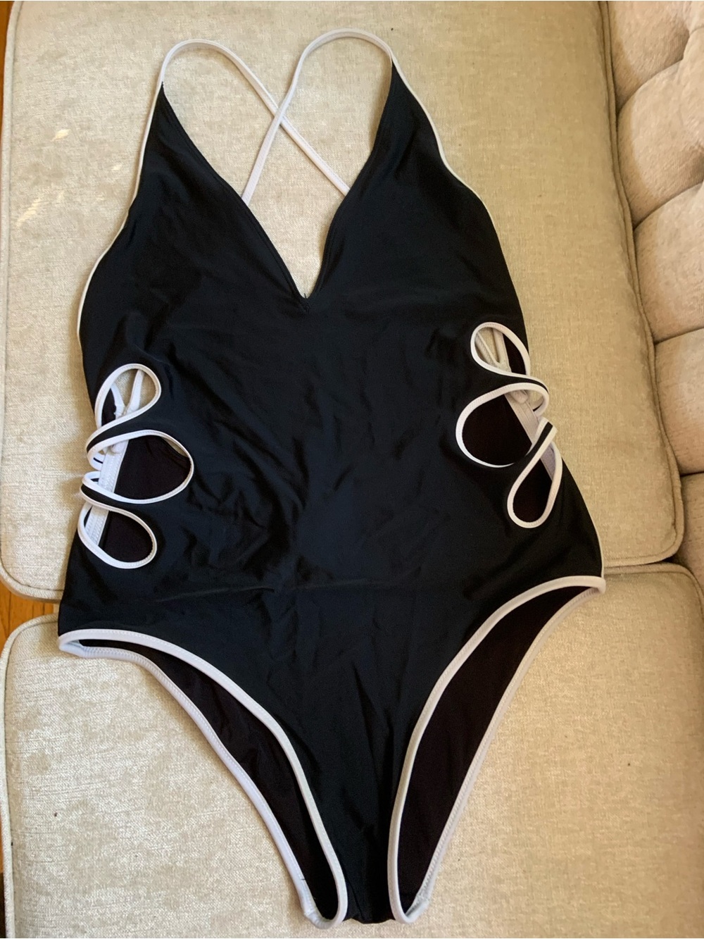 aerie Black One-Piece Swimsuit with White Trim and Side Loops